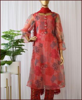 Stunning Elegant Shade Peach Flower Print Kurta Paired up with Straight Fit Pants and Dupatta 