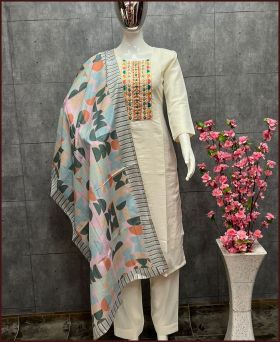 Dazzling Maska Offwhite Cotton Silk Straight Suit Set With  Printed Dupatta