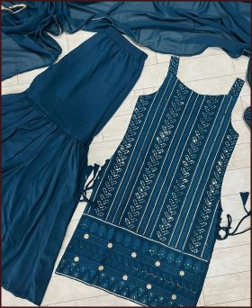 Beautiful Blue Heavy Pure Georgette Fully Stitched With Padded Embroidered Palazzo Salwar Suit