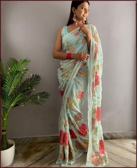 Turquoise  Awesome Festive Printed Georgette Saree with Handwork