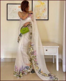 White Designer Saree on Premium Organza Silk Fabric with Hand work