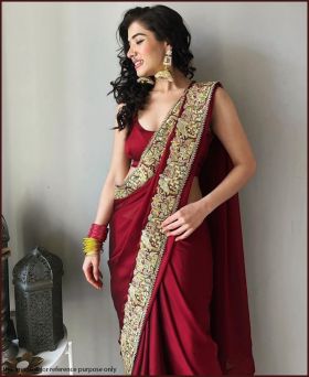 Amazing Japan Satin Sequence Maroon Saree with Blouse Piece