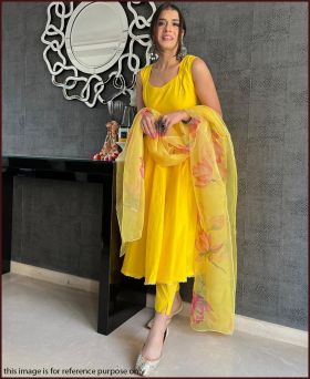 Trendy Sunshine Yellow Festive Wear Kurta Pant Set with Floral Print Dupatta