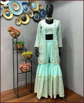 Amazing Heavy Georgette Turquoise Color Sharara Suit