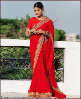 Heavy Rangoli Sequence Lace Border Red Saree with Blouse Piece