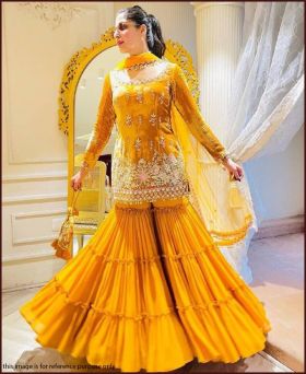 Presenting New Faux Georgette Embroidery Yellow Sharara Suit