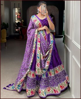 Beautiful Crush Dola Silk Purple Lehenga with a Gorgeous Design of Bandhej and Patola Print