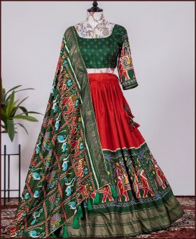 Navratri Special Traditional Patola Print Silk Green Colour Lehenga Choli
