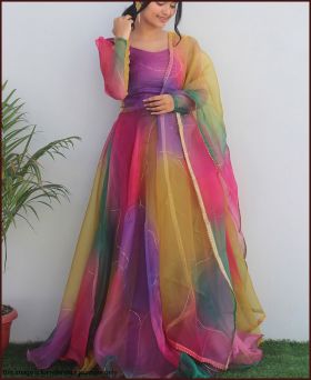 Party Wear Look Organza Silk Multicolor Gown With Dupatta