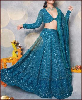 Glorious Beauty In Teal Blue Chinestich & sequnce Work Lehenga