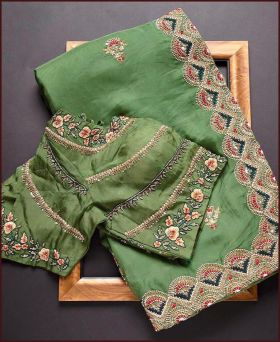 Festival Wear Dusty Green Blooming Geaorgette Embroidered saree