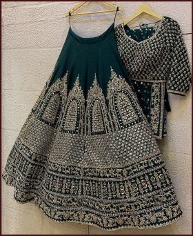 Partywear turquoise heavy Italian silk embroidery sequence work lehenga