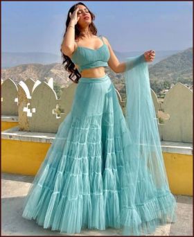 Sky Blue Net Wedding Wear Lehenga Choli with Ruffle Dupatta