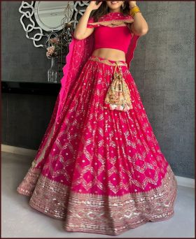Exclusive Heavy Faux Georgette Embroidered Pink Lehenga Choli
