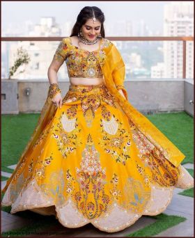 Yellow Colour Embroidered Attractive Party Wear Silk Lehenga Choli
