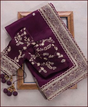 Partywear Silk Embroidery Maroon Saree with Blouse Piece