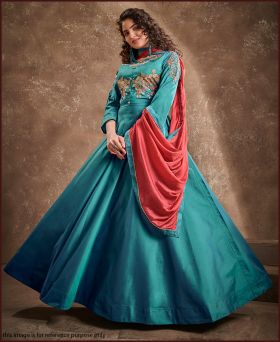 Heavy Triva Silk Embroidery Teal Green Gown with Dupatta