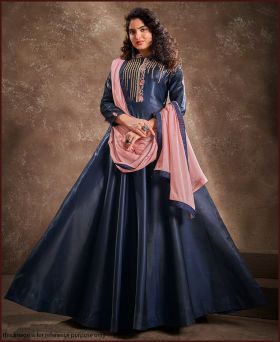 Trending Triva Silk Embroidery Navy Blue Gown with Dupatta