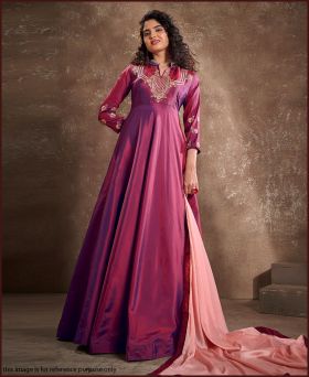 Presenting New Triva Silk Embroidery Purple Gown with Dupatta
