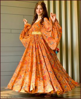 Beautiful Faux Georgette with Digital Print Orange Color Gown