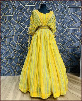 Trending Heavy Faux Georgette Hand Khatli Work Yellow Gown