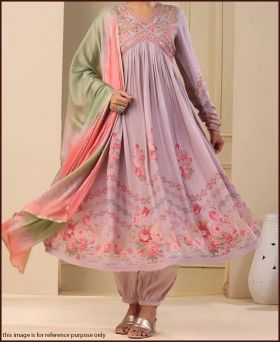Purple Pink Embroidered Muslin Floral Anarkali With Pants And Dupatta