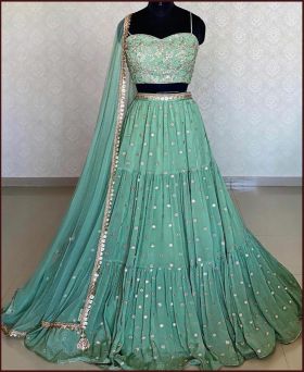 Elegant Turquoise Mouch Silk Sequence Embroidered Lehenga 