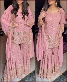 Pink georgette Thread sequence work Sharara Suit