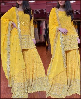 Yellow georgette Thread sequence work Sharara Suit