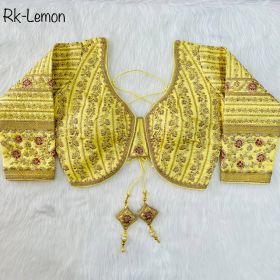 Bollywood Style Heavy Malai Satin Embroidery Red Blouse-mehndi yellow