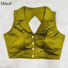 Latest Shirt Collar Jacquard Front Open Blouse-mehndi yellow