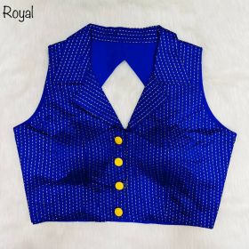 Latest Shirt Collar Jacquard Front Open Blouse-royal blue