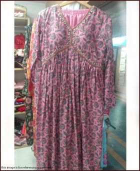Jaipuri print Maslin cotton handwork anarkali suit-pink-M