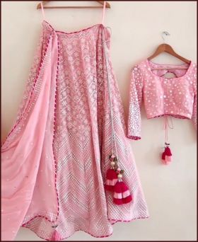 Exclusive Georgette Embroidery Work Pink Wedding Lehenga Choli