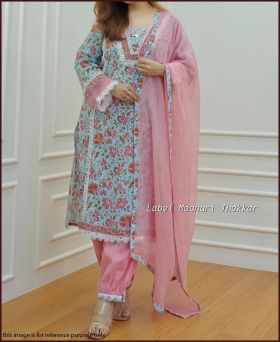Premium Pakistani A-Line Cotton Kurti With Pant And Kota Doriya Dupatta-M