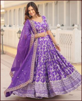 Partywear Purple Pure Dyable Viscose Jacquard Embroidered lehenga choli