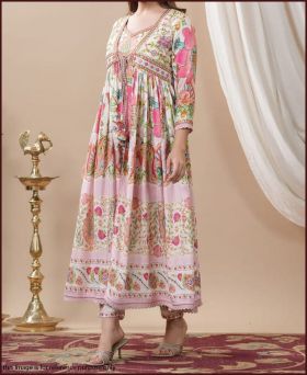 Beautiful Indian Cotton Kurti Heavy Embroidery Shurag Choli Suit with Pant set-M