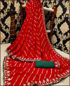 Lehriya print Dola Silk with Gotta Patti Red Saree  