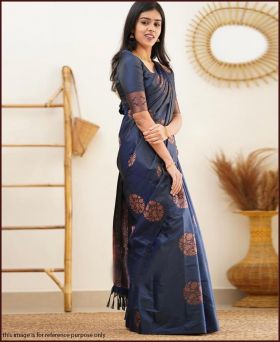 Trending Soft Litchi Silk Weaving Saree with Blouse Piece-Blue