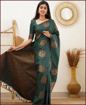 Trending Soft Litchi Silk Weaving Saree with Blouse Piece-Green