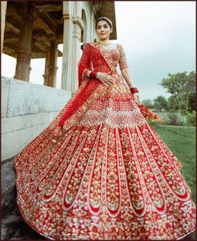 Bridal Malai Silk Embroidered Red Bridal Lehenga Choli
