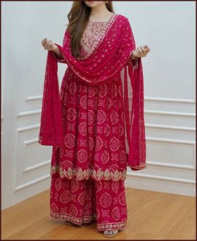 Deep Pink Digital Printed Palazzo Style Salwar Suit-XL
