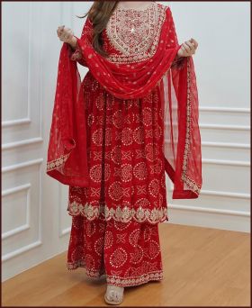 Red Color New Designer Party Wear Look Embroidery Sequence Work Top Plazzo & Dupatta Set