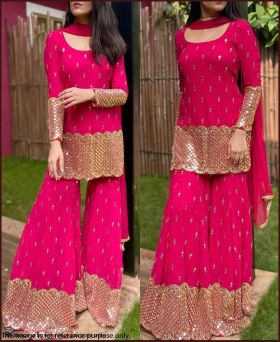 Adorable Georgette Embroidery Pink Colour Sharara Suit