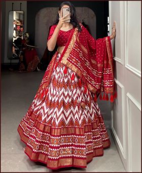 Navratri Special Red Color Leheriya With Foil Work Tussar Silk Lehenga Choli