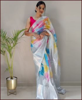 Beautiful Soft Organza Silver Embroidery Ready to Wear Saree
