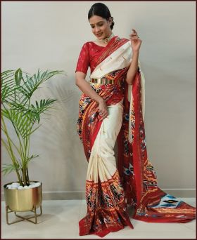 Amazing Foil Printed Soft Silk Ready to Wear Saree-offwhite