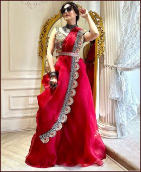Designer Organza Silk Bollywood Style Beautiful Red Indo Western Sharara Suit