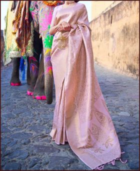 Light Pink Woven Banarasi Silk Wedding Wear Saree