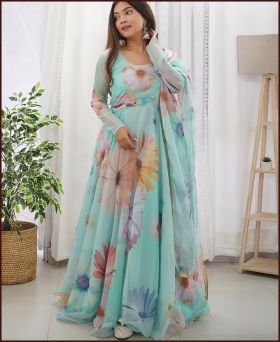 Party Wear Digital Print Organza Fabric Sky Blue Color Gown
